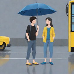 Cartoon illustration of a girl in a black dress and a boy in a half-sleeved grey shirt and blue jeans, both waiting at a bus stand in the rain. The boy is wearing yellow sandals.