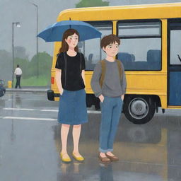 Cartoon illustration of a girl in a black dress and a boy in a half-sleeved grey shirt and blue jeans, both waiting at a bus stand in the rain. The boy is wearing yellow sandals.