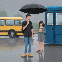 Cartoon illustration of a girl in a black dress and a boy in a half-sleeved grey shirt and blue jeans, both waiting at a bus stand in the rain. The boy is wearing yellow sandals.