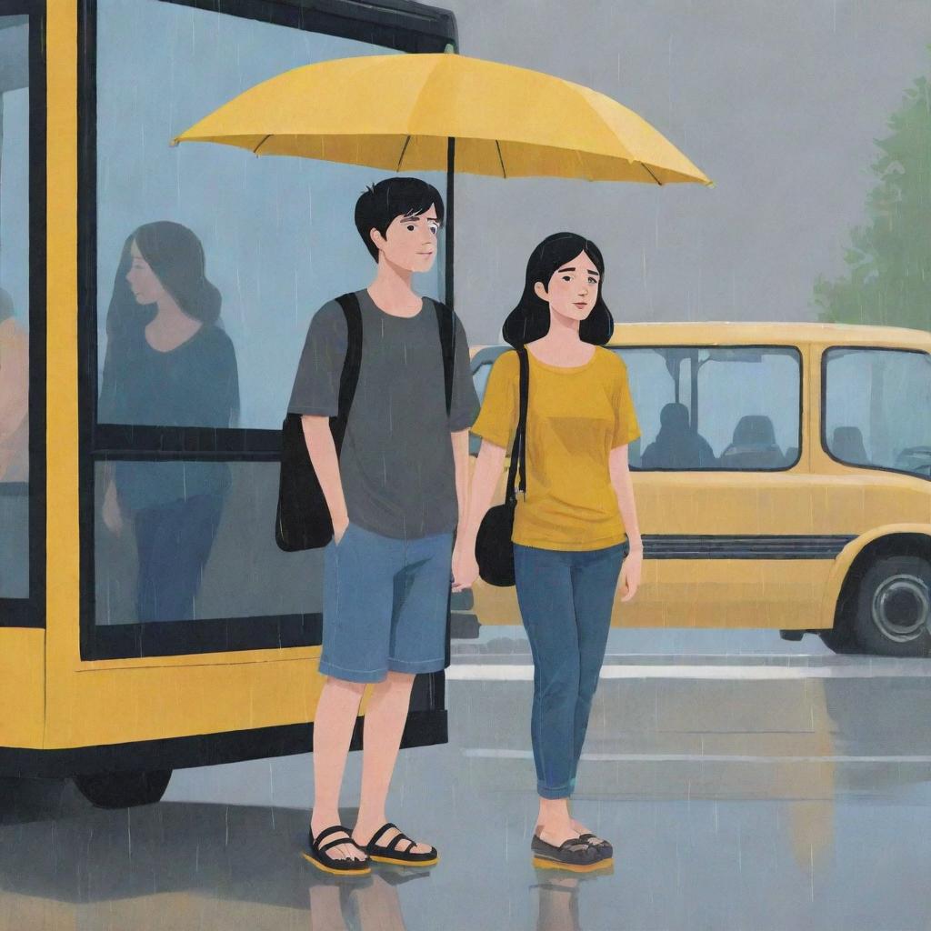 Cartoon illustration of a girl in a black dress and a boy in a half-sleeved grey shirt and blue jeans, both waiting at a bus stand in the rain. The boy is wearing yellow sandals.