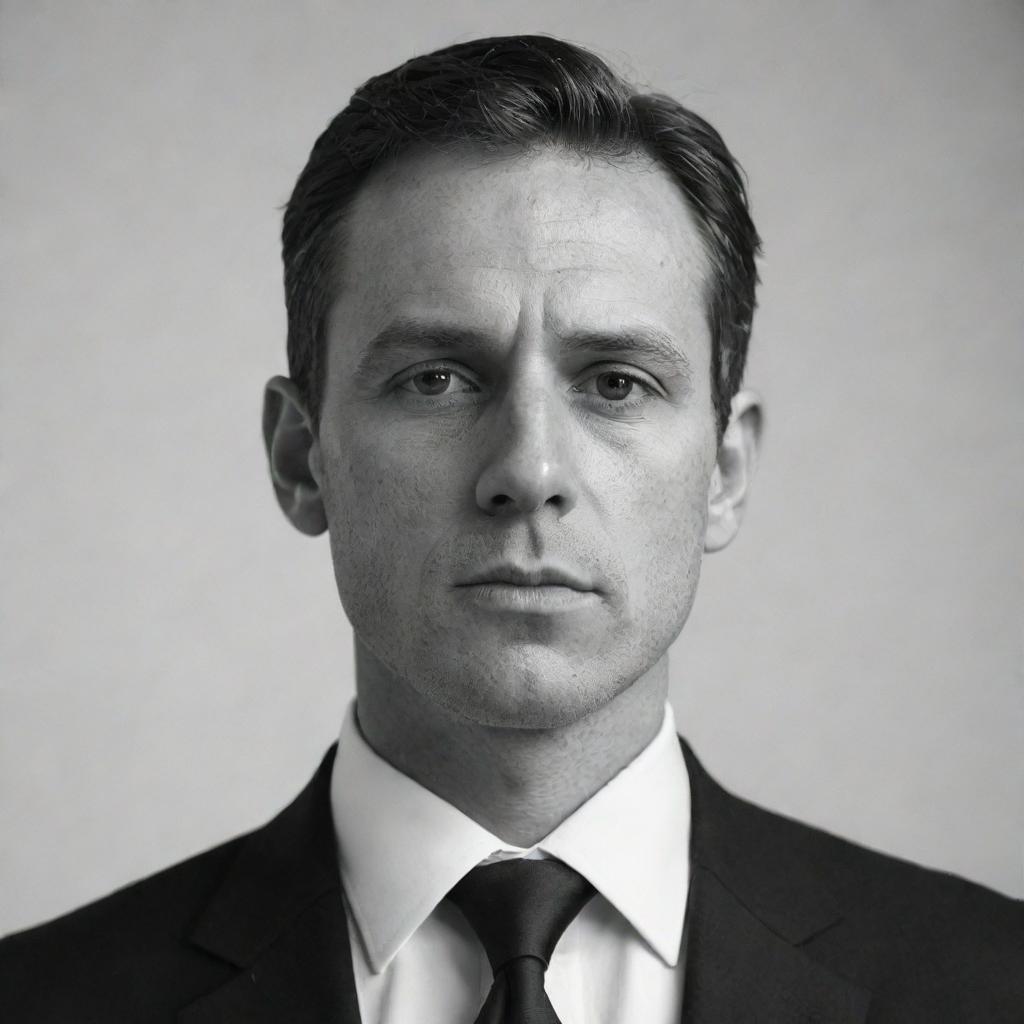 A distinct portrait of a man with sharp features, wearing a black suit and a tie, a thoughtful expression on his face, set against a soft, light background.