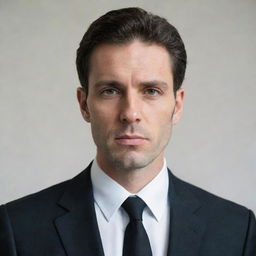 A distinct portrait of a man with sharp features, wearing a black suit and a tie, a thoughtful expression on his face, set against a soft, light background.