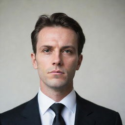 A distinct portrait of a man with sharp features, wearing a black suit and a tie, a thoughtful expression on his face, set against a soft, light background.