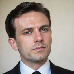 A distinct portrait of a man with sharp features, wearing a black suit and a tie, a thoughtful expression on his face, set against a soft, light background.