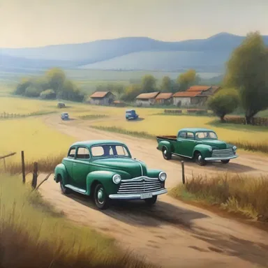 The artist's painting depicted a serene countryside with old cars, symbolizing the importance of preserving natural resources and reducing mileage.