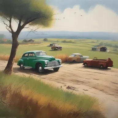 The artist's painting depicted a serene countryside with old cars, symbolizing the importance of preserving natural resources and reducing mileage.