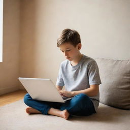 A young boy sitting cross-legged, engrossed in using a sleek, modern laptop. Background is a warmly lit, comfortable room.