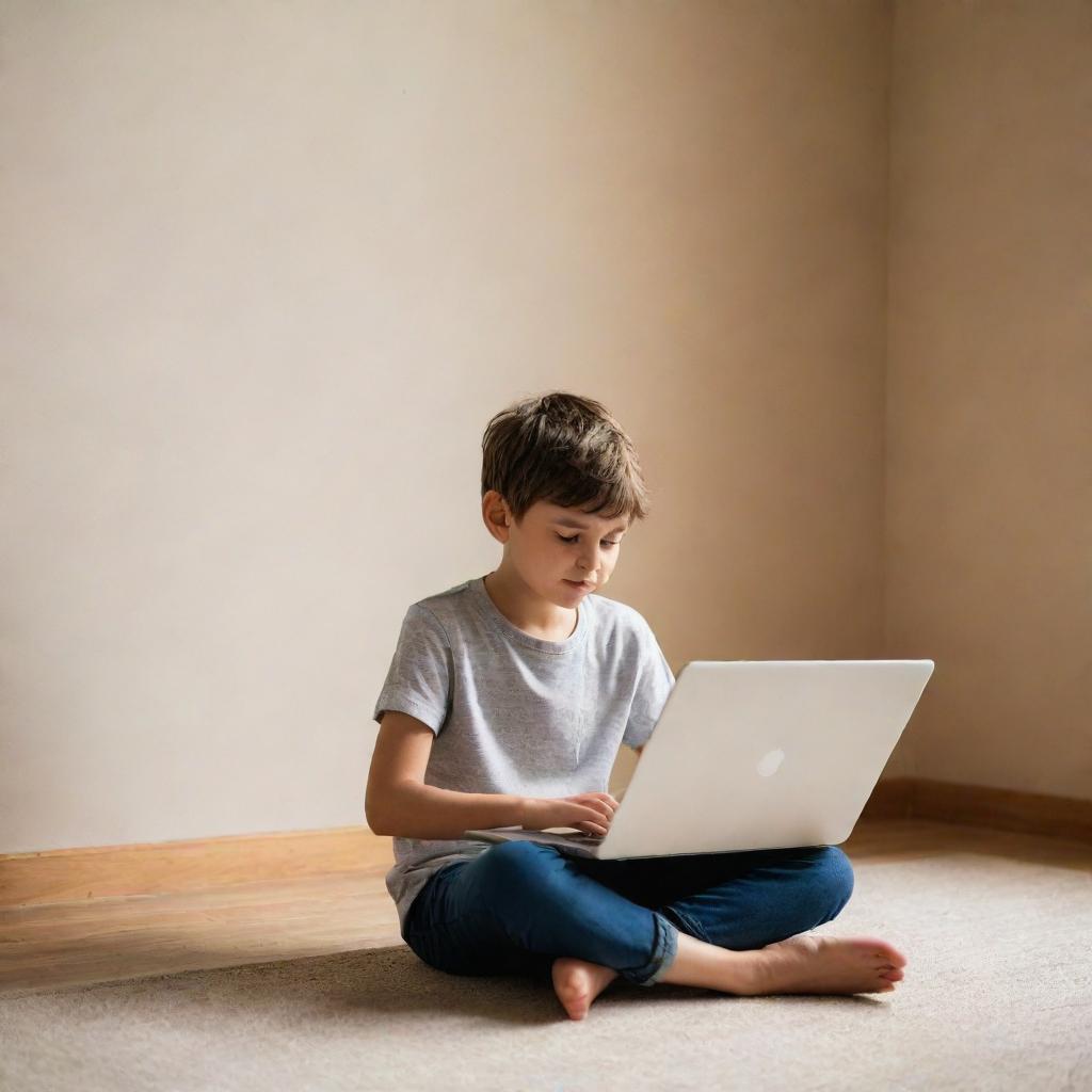 A young boy sitting cross-legged, engrossed in using a sleek, modern laptop. Background is a warmly lit, comfortable room.