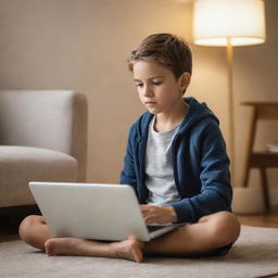 A young boy sitting cross-legged, engrossed in using a sleek, modern laptop. Background is a warmly lit, comfortable room.