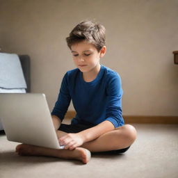 A young boy sitting cross-legged, engrossed in using a sleek, modern laptop. Background is a warmly lit, comfortable room.