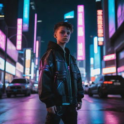 A young kid dressed in cyberpunk aesthetics in a neon-lit futuristic cityscape