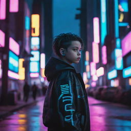 A young kid dressed in cyberpunk aesthetics in a neon-lit futuristic cityscape