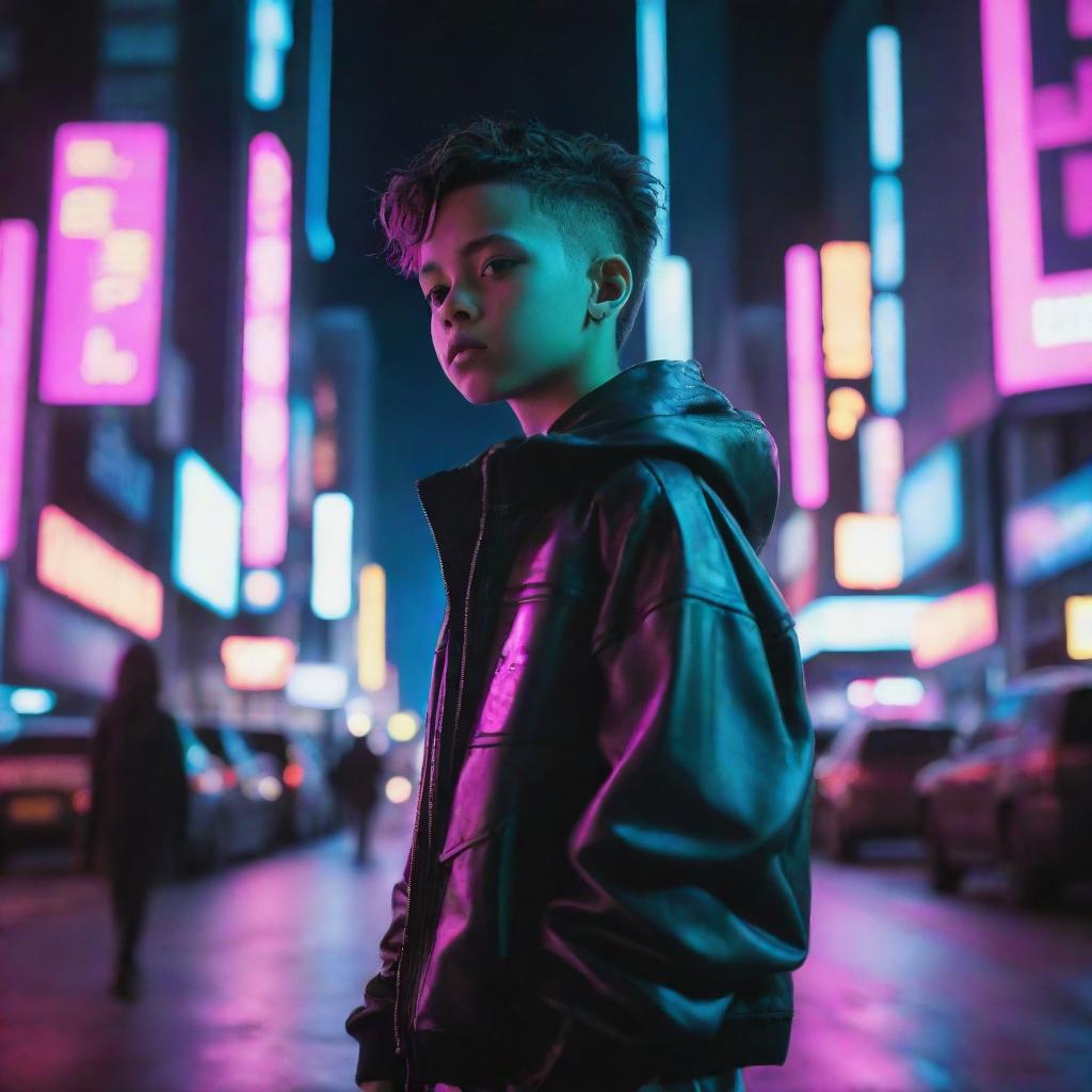 A young kid dressed in cyberpunk aesthetics in a neon-lit futuristic cityscape