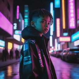 A young kid dressed in cyberpunk aesthetics in a neon-lit futuristic cityscape