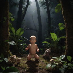 A baby in the expansive Amazon forest at night, teeming with an array of unique and mysterious animals and various plant species, casting peculiar, atmospheric shadows.