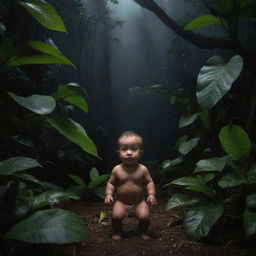 A baby in the expansive Amazon forest at night, teeming with an array of unique and mysterious animals and various plant species, casting peculiar, atmospheric shadows.