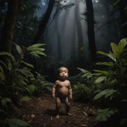 A baby in the expansive Amazon forest at night, teeming with an array of unique and mysterious animals and various plant species, casting peculiar, atmospheric shadows.