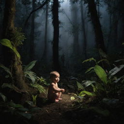 A baby in the expansive Amazon forest at night, teeming with an array of unique and mysterious animals and various plant species, casting peculiar, atmospheric shadows.