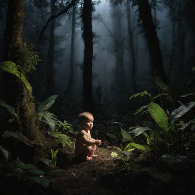 A baby in the expansive Amazon forest at night, teeming with an array of unique and mysterious animals and various plant species, casting peculiar, atmospheric shadows.