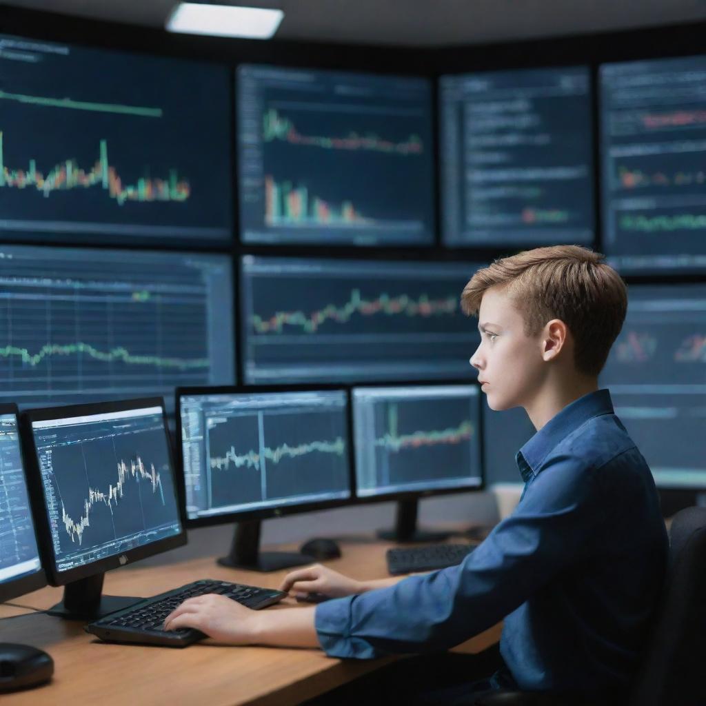 A smart, tech-savvy boy, engrossed in trading cryptocurrencies on multiple screens in a high-tech room filled with charts and graphs.