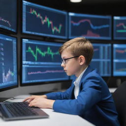 A smart, tech-savvy boy, engrossed in trading cryptocurrencies on multiple screens in a high-tech room filled with charts and graphs.