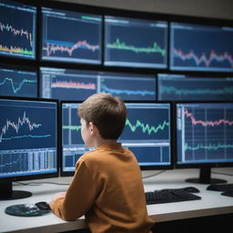 A smart, tech-savvy boy, engrossed in trading cryptocurrencies on multiple screens in a high-tech room filled with charts and graphs.