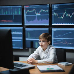 A smart, tech-savvy boy, engrossed in trading cryptocurrencies on multiple screens in a high-tech room filled with charts and graphs.