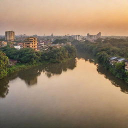 A stunning panorama of a beautiful city in Bangladesh during sunset. Architectures are bathed in golden light, reflecting on a tranquil water body, while lush greeneries dot the landscape.