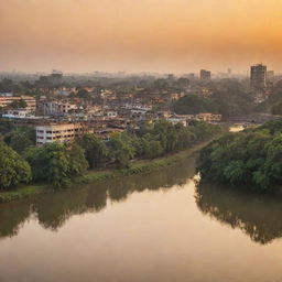 A stunning panorama of a beautiful city in Bangladesh during sunset. Architectures are bathed in golden light, reflecting on a tranquil water body, while lush greeneries dot the landscape.