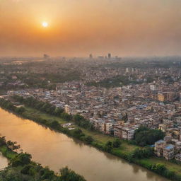 A stunning panorama of a beautiful city in Bangladesh during sunset. Architectures are bathed in golden light, reflecting on a tranquil water body, while lush greeneries dot the landscape.