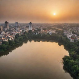 A stunning panorama of a beautiful city in Bangladesh during sunset. Architectures are bathed in golden light, reflecting on a tranquil water body, while lush greeneries dot the landscape.