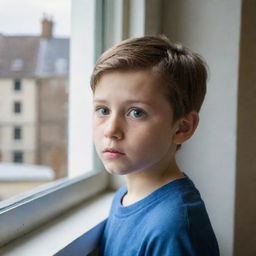 A young boy looking out of a large window, with a curious gaze.