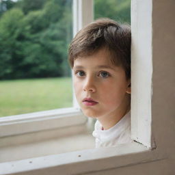 A young boy looking out of a large window, with a curious gaze.