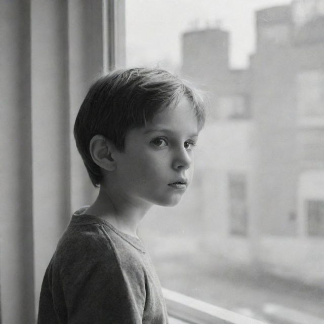 A young boy looking out of a large window, with a curious gaze.