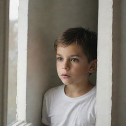 A young boy looking out of a large window, with a curious gaze.