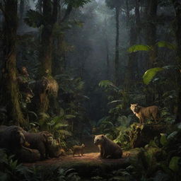 A hyper-realistic scene set at night within the Amazon forest. A man among myriad of animals and unusual species, invoking feelings of awe and slight fear.