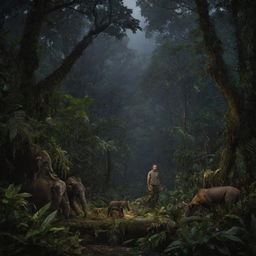 A hyper-realistic scene set at night within the Amazon forest. A man among myriad of animals and unusual species, invoking feelings of awe and slight fear.