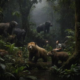 A hyper-realistic scene set at night within the Amazon forest. A man among myriad of animals and unusual species, invoking feelings of awe and slight fear.