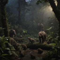 A hyper-realistic scene set at night within the Amazon forest. A man among myriad of animals and unusual species, invoking feelings of awe and slight fear.