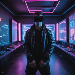 A cyberpunk themed gamer in an advanced, futuristic environment, immersed in multiple layers of virtual reality games, surrounded by neon lights and holographic displays.