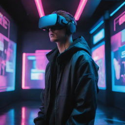 A cyberpunk themed gamer in an advanced, futuristic environment, immersed in multiple layers of virtual reality games, surrounded by neon lights and holographic displays.