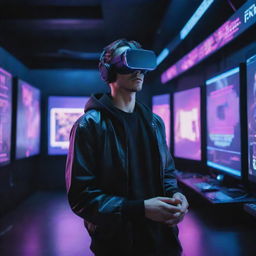 A cyberpunk themed gamer in an advanced, futuristic environment, immersed in multiple layers of virtual reality games, surrounded by neon lights and holographic displays.