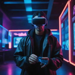 A cyberpunk themed gamer in an advanced, futuristic environment, immersed in multiple layers of virtual reality games, surrounded by neon lights and holographic displays.