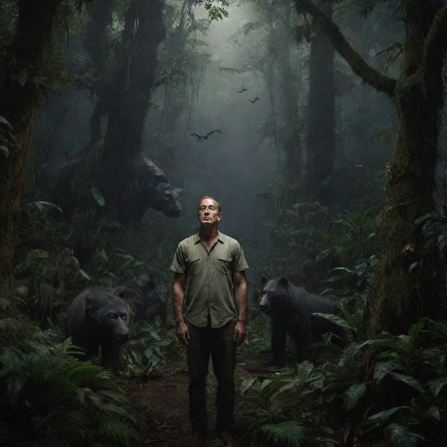 A hyper-realistic image of a man in the night-lit Amazon forest with countless animals and unusual plant species, exuding a sense of overwhelming beauty and eerie horror.