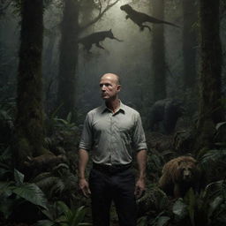 A hyper-realistic image of a man in the night-lit Amazon forest with countless animals and unusual plant species, exuding a sense of overwhelming beauty and eerie horror.