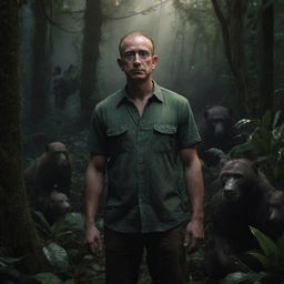 A hyper-realistic image of a man in the night-lit Amazon forest with countless animals and unusual plant species, exuding a sense of overwhelming beauty and eerie horror.