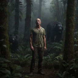 A hyper-realistic image of a man in the night-lit Amazon forest with countless animals and unusual plant species, exuding a sense of overwhelming beauty and eerie horror.