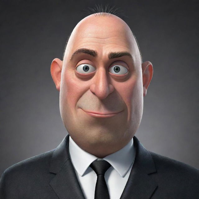 A cartoon image of Gru, the main anti-hero character from the animated film Despicable Me, with his distinctive long, pointed nose, dark suit, and an expression that oozes mischief.