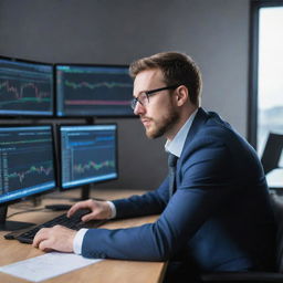 A focused man, engaged in cryptocurrency trading on multiple monitors showing various graphs and statistics in a modern office setting.