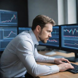 A focused man, engaged in cryptocurrency trading on multiple monitors showing various graphs and statistics in a modern office setting.